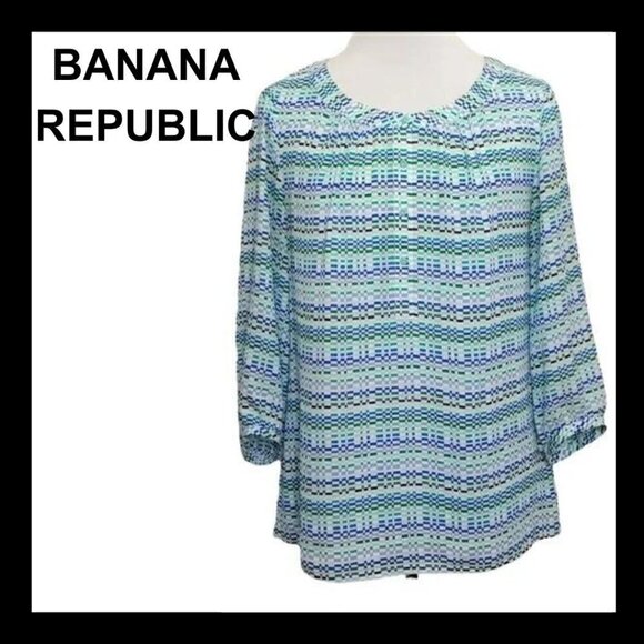 BANANA REPUBLIC Blue & green cropped sleeves half button down blouse - Picture 1 of 12